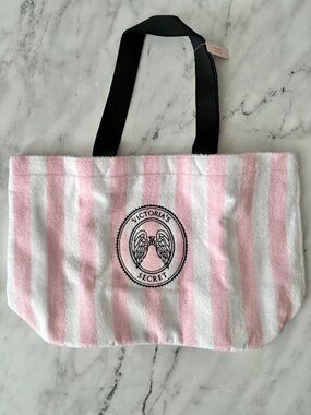 Victoria's Secret Tote Bag Nwt Terry Cloth Pink White Stripe Logo